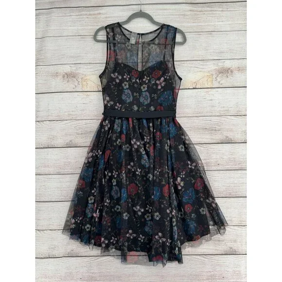 Disney Lauren Conrad Floral Semi Sheer Lined‎ Dress Women's 10 Black/Blue/Red - Picture 2 of 13